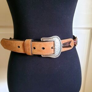 Nocona Tan Brown Leather Belt 34 Braided Black Woven Silver Concho Buckle Rodeo